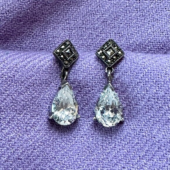 Marcasite & Cubic Zirconia Sterling Silver Earrings - Picture 2 of 3